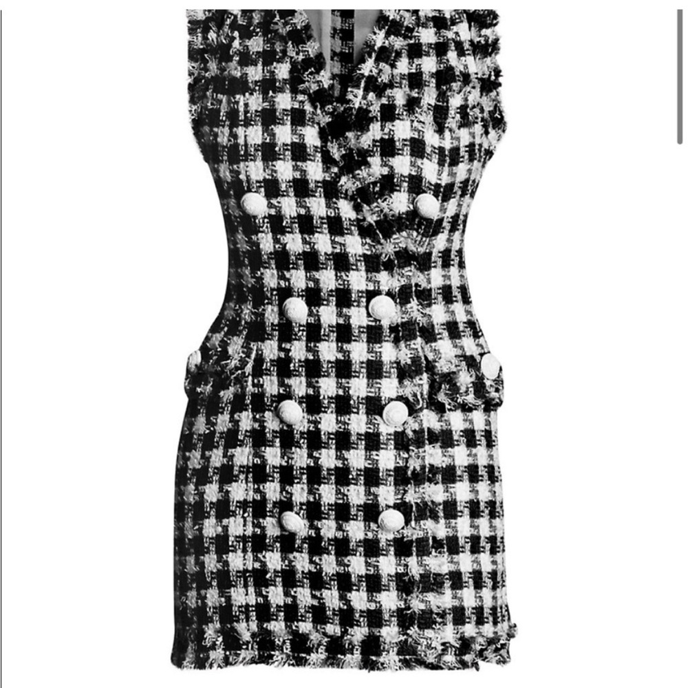 Balmain double-breasted gingham tweed mini dress - black & white